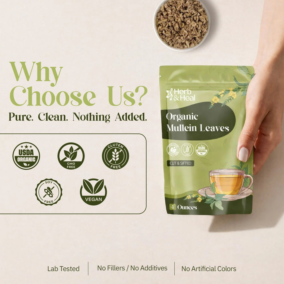 Herb & Meal Organic Mullein Leaves packaging with hand holding it, USDA Organic label, and product details on a light background.