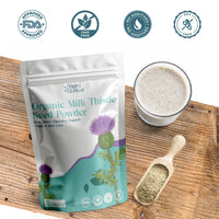 Organic milk thistle ground herbal powder close up