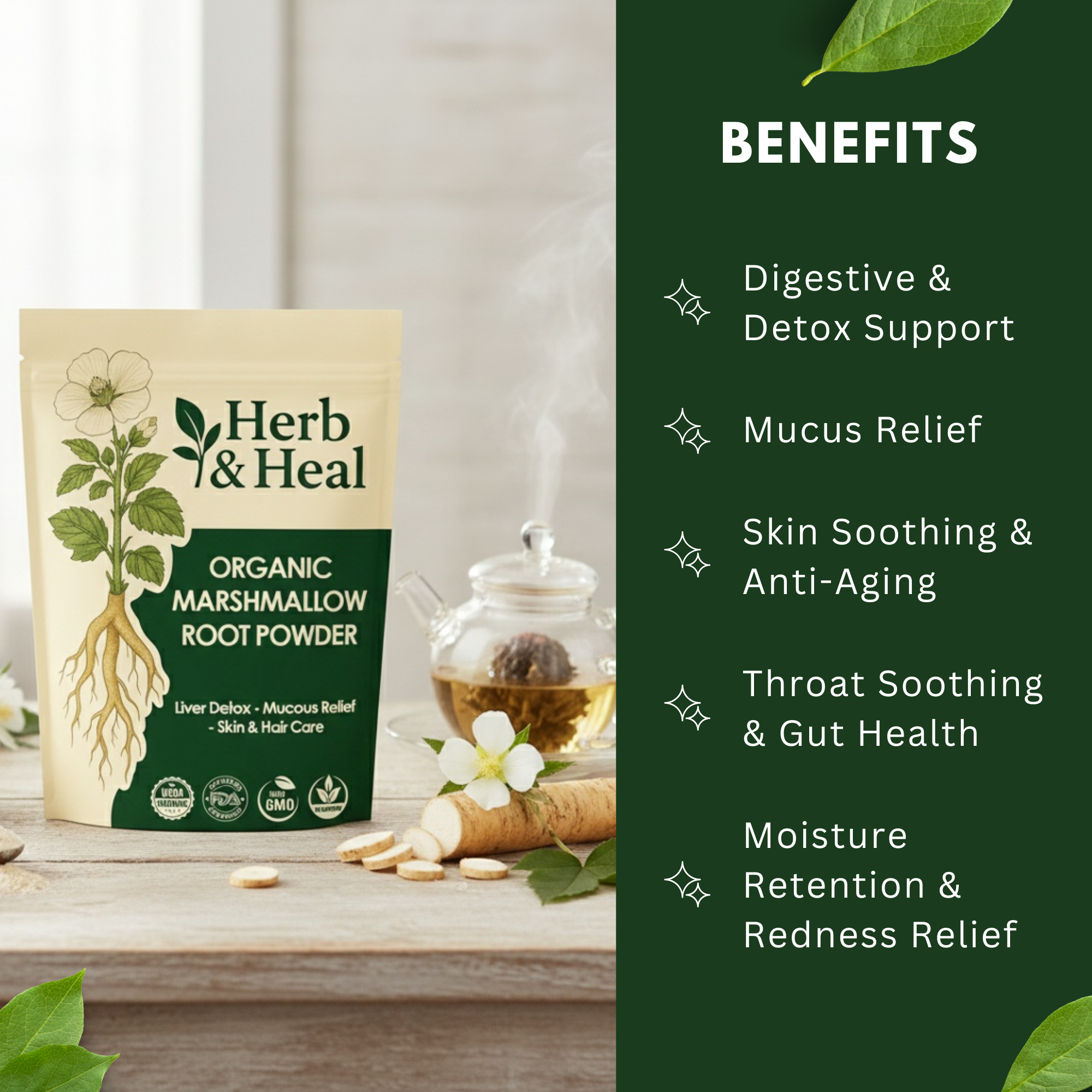 Organic Marshmallow Root Powder | Althaea Officinalis Herb | Dried Marshmellow Root for Tea, Hair & Skin, DIY Remedies, Digestive & Liver Support | Non-GMO, Vegan (8 Ounce)