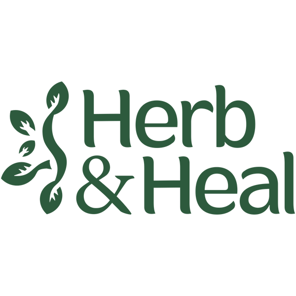 Logo for Herb & Heal with green text and leaf design