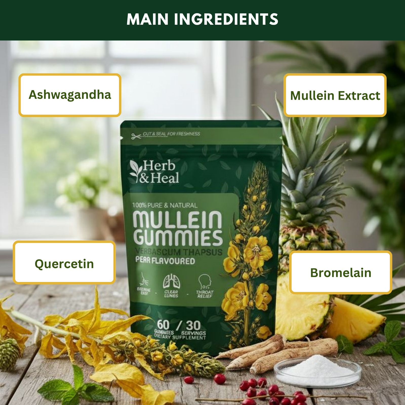 Mullein Gummies for Lungs | Herbal Lung Cleanse & Detox Support | Blend of Mullein Leaf Extract, Ashwagandha, Bromelain & Quercetin for Breathing & Mucus Relief | 60 Gummies