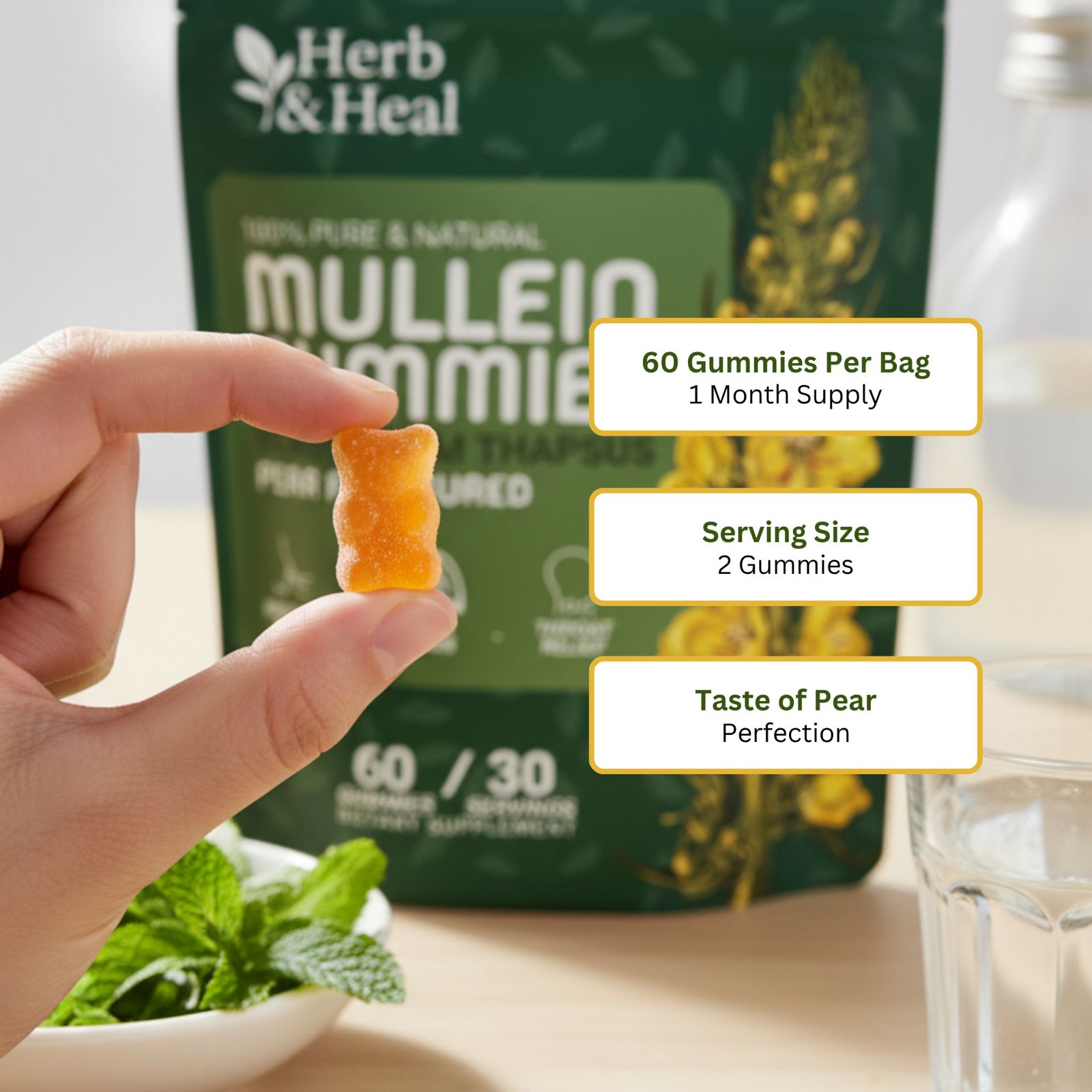 Mullein Gummies for Lungs | Herbal Lung Cleanse & Detox Support | Blend of Mullein Leaf Extract, Ashwagandha, Bromelain & Quercetin for Breathing & Mucus Relief | 60 Gummies