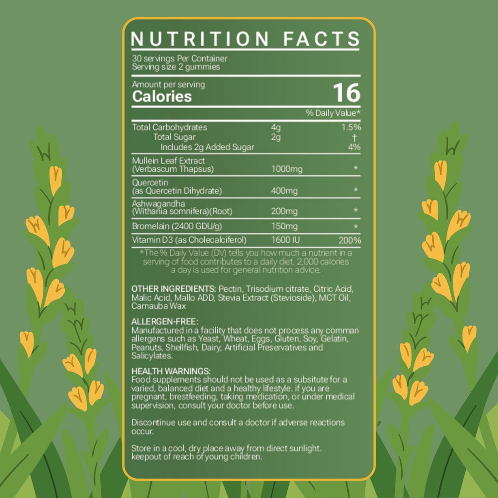 Mullein Gummies for Lungs | Herbal Lung Cleanse & Detox Support | Blend of Mullein Leaf Extract, Ashwagandha, Bromelain & Quercetin for Breathing & Mucus Relief | 60 Gummies